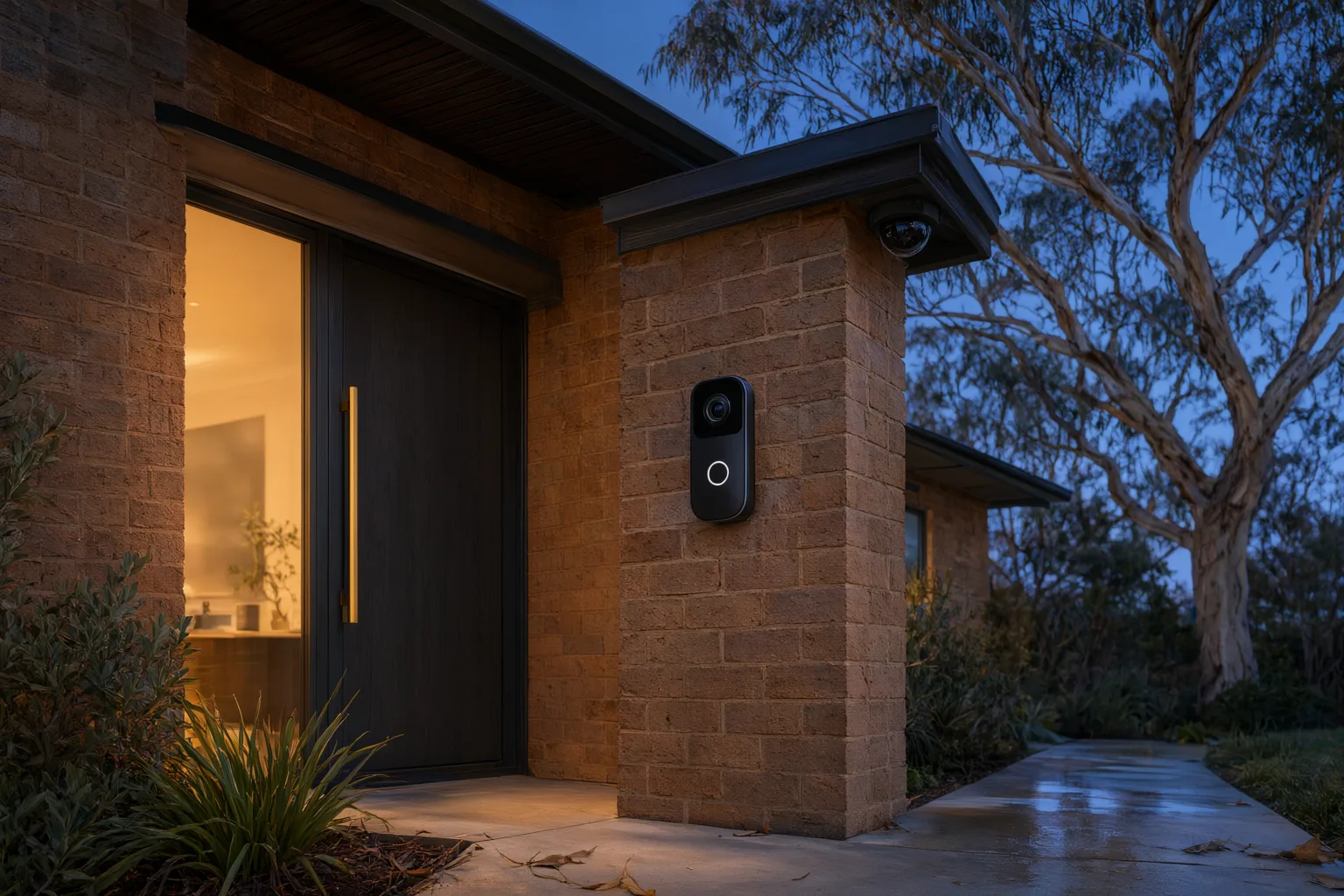 Video doorbell and CCTV camera installed on Australian brick veneer home entrance at dusk