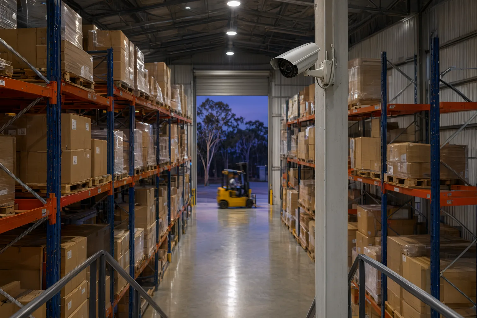 Professional warehouse surveillance system with IP cameras monitoring aisles and loading areas in an Australian distribution centre