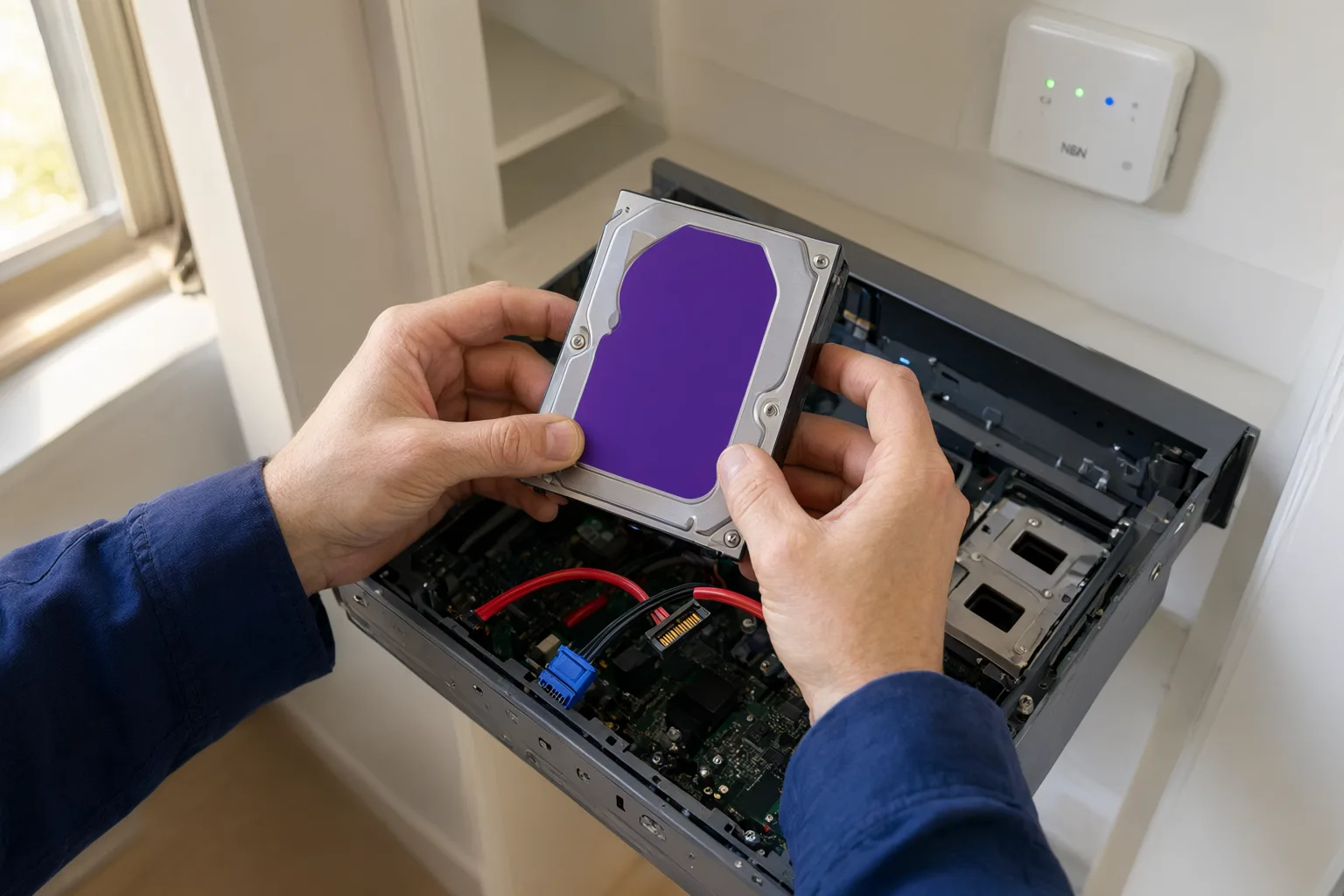 WD Purple surveillance hard drive being installed in NVR for home CCTV system