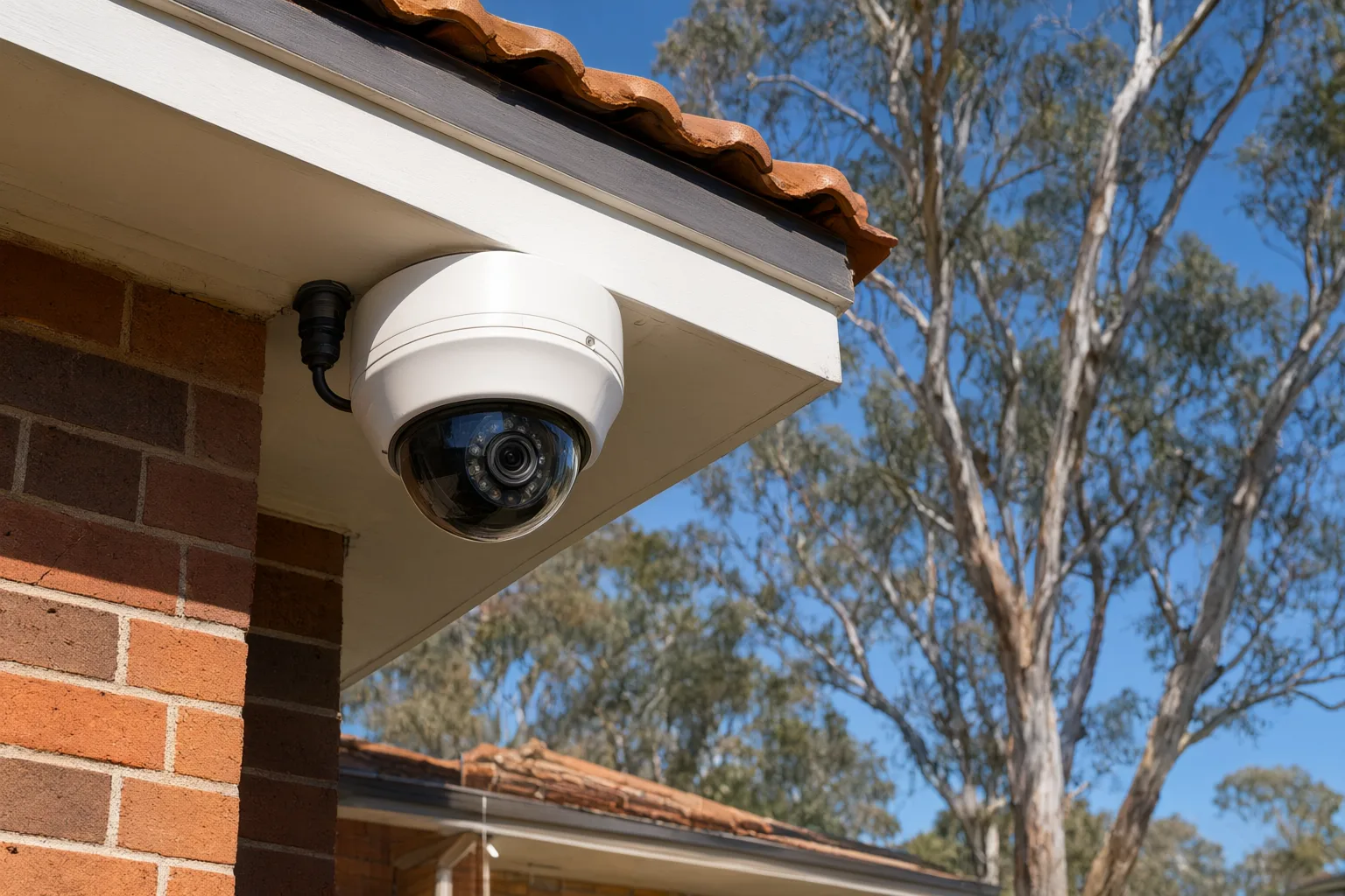 Weatherproof CCTV camera with sun shield mounted under eave of Australian home during harsh summer conditions