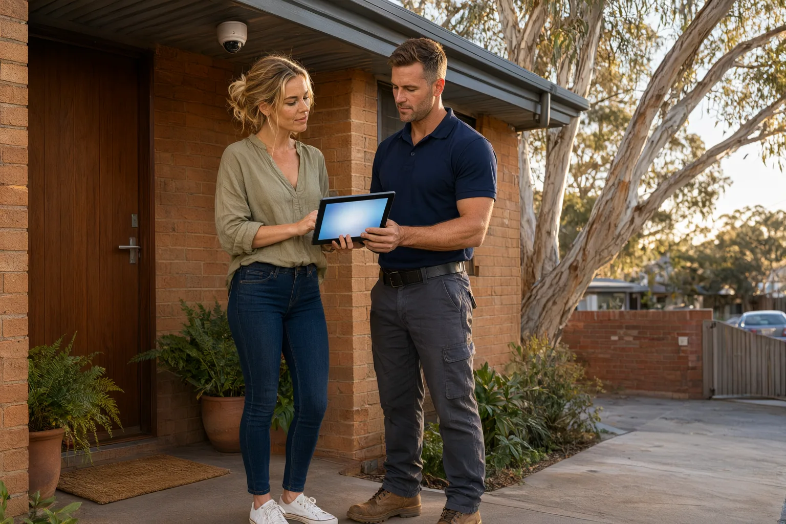 Homeowner reviewing an itemised CCTV quote with a licensed installer at a brick veneer Australian home