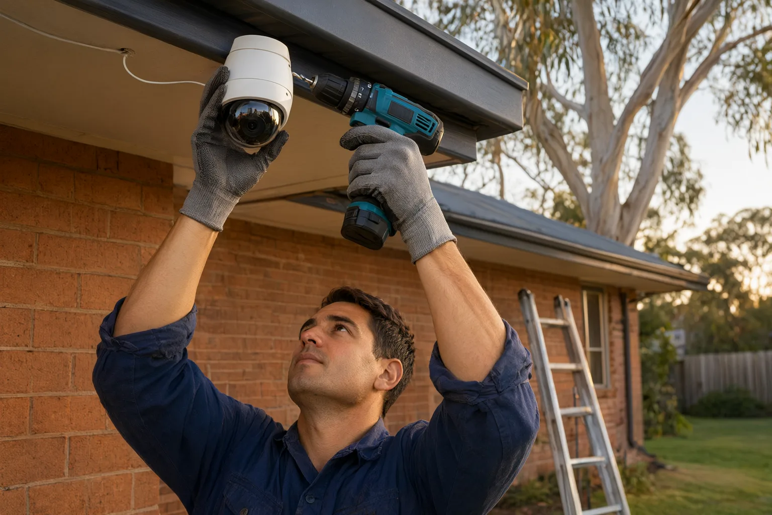 Professional home CCTV installation cost being demonstrated by a licensed technician mounting a dome camera on an Australian brick veneer home