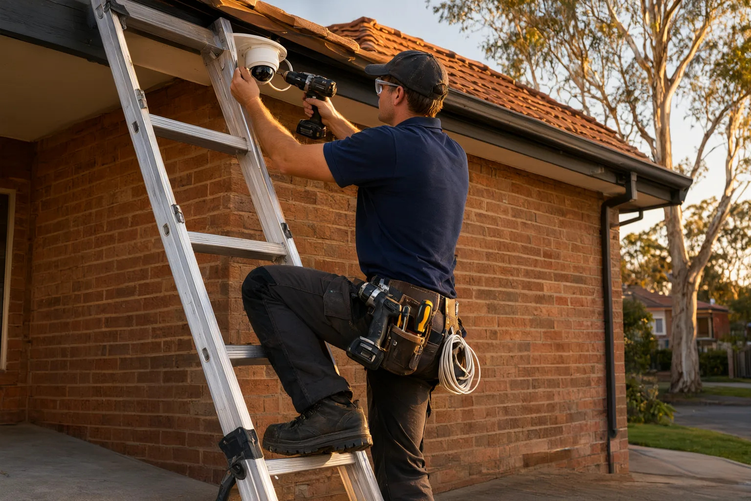 Installer mounting a home security camera at ideal height under the eave of an Australian brick veneer home