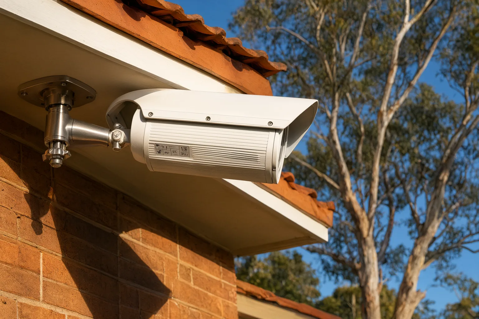 Professional heat-rated CCTV camera installed under eave of Australian brick home, designed to withstand extreme summer temperatures