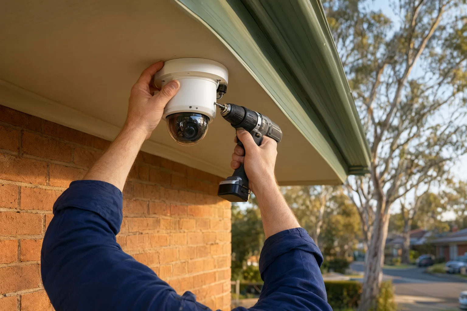 Licensed installer fitting genuine authorised CCTV camera on an Australian brick veneer home, showing why buying from an authorised Australian distributor saves money long-term
