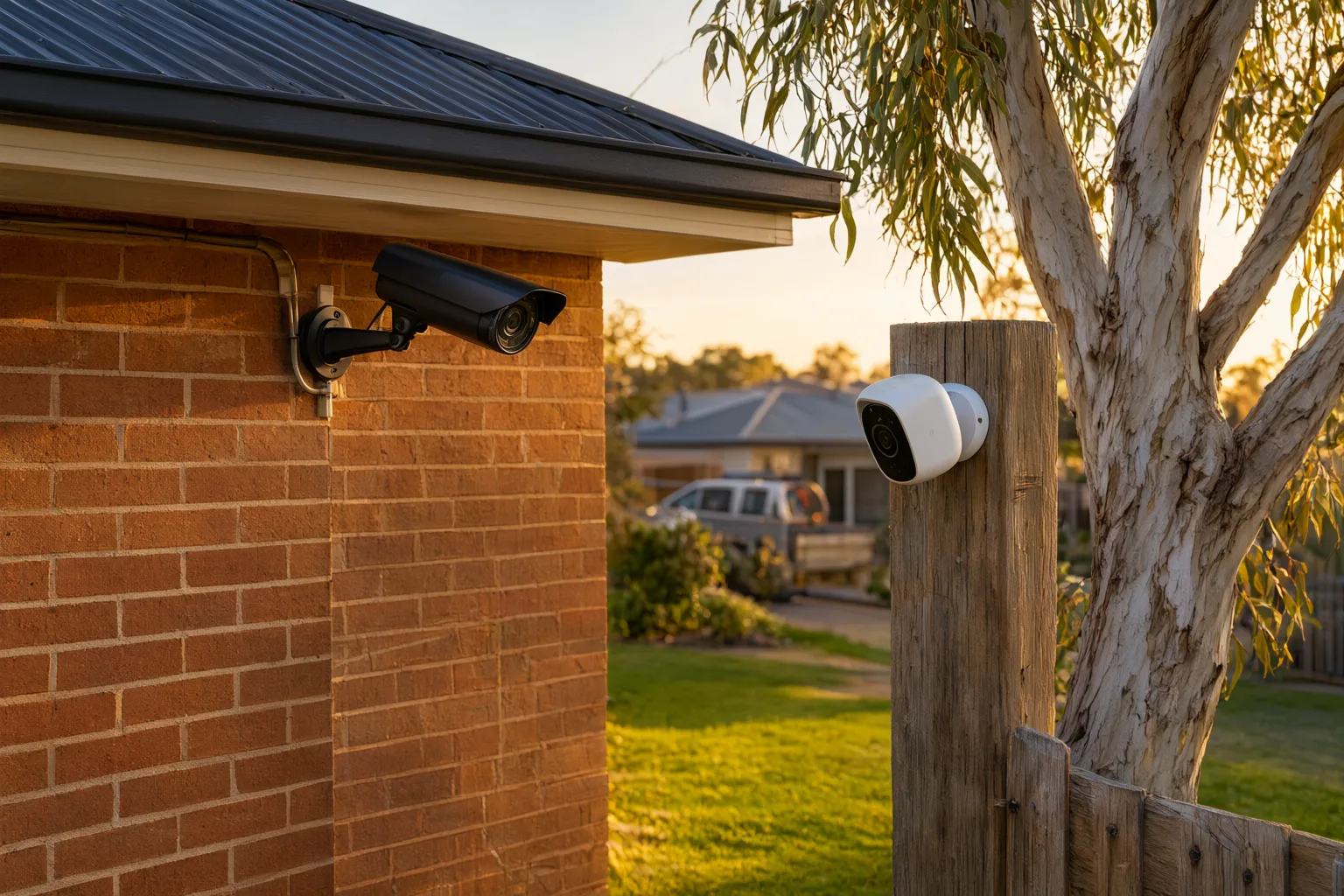 Wireless vs wired CCTV cameras installed on an Australian brick veneer home with Colorbond roof in suburban Sydney