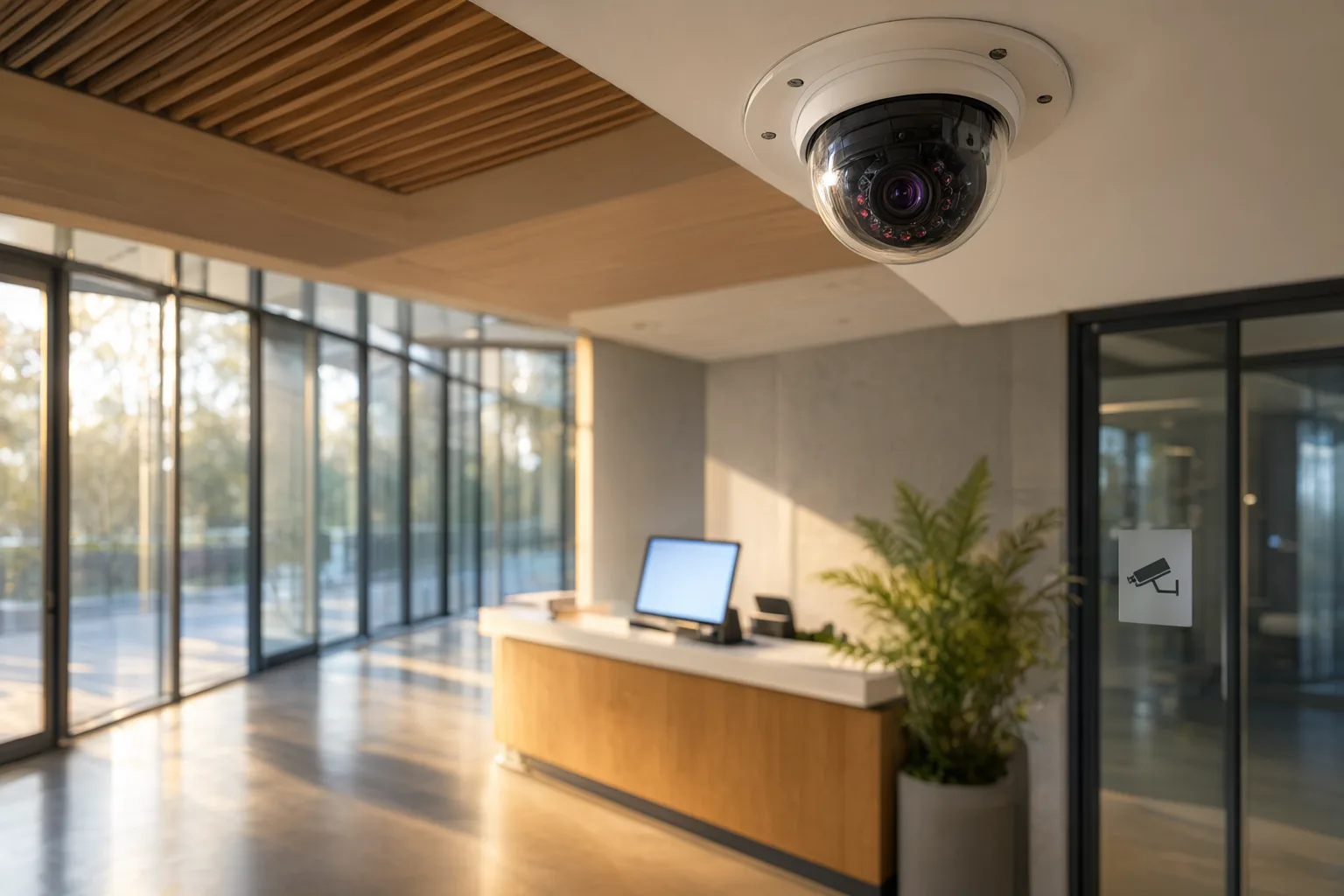 Workplace CCTV camera installed in compliant Australian office reception area with proper signage