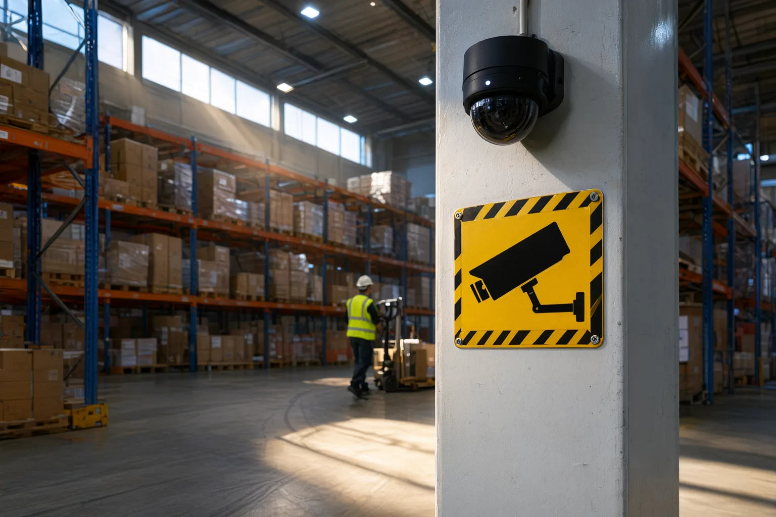 Workplace surveillance laws Australia compliant CCTV dome camera and signage inside a warehouse